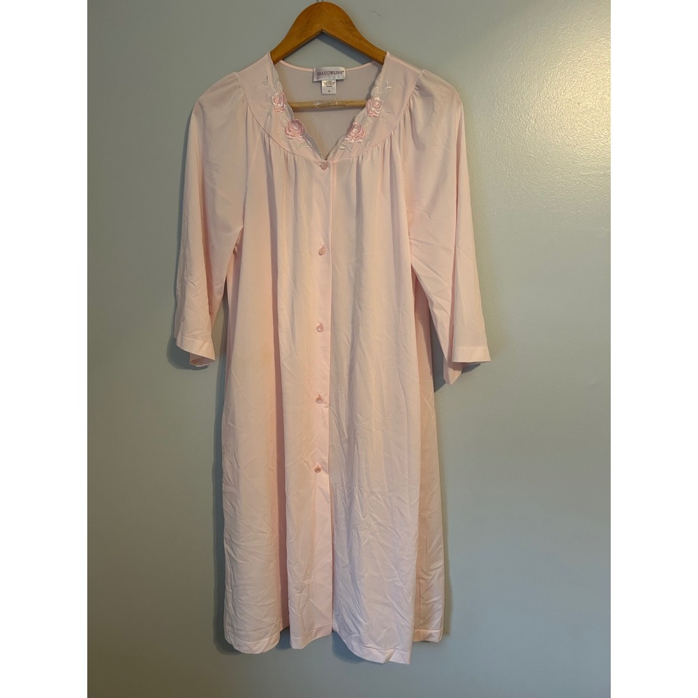 Shadowline‎ Pink Nylon Nightgown Floral Embroidered Neckline Lounger Size M